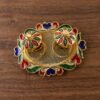HaldiKumkumSet02-03 Decorative Kankavati Kumkum Holder, Golden Enamel Pooja Thali with Bowls (1 Pc)