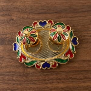 Decorative Kankavati Kumkum Holder, Golden Enamel Pooja Thali with Bowls (1 Pc)