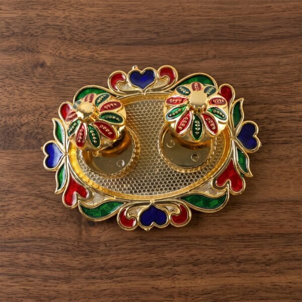 HaldiKumkumSet02-03 Decorative Kankavati Kumkum Holder, Golden Enamel Pooja Thali with Bowls (1 Pc)