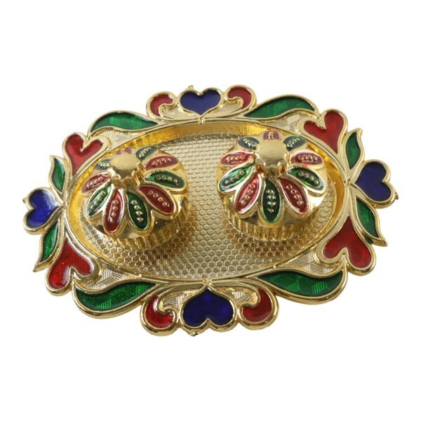 HaldiKumkumSet02-04 Decorative Kankavati Kumkum Holder, Golden Enamel Pooja Thali with Bowls (1 Pc)