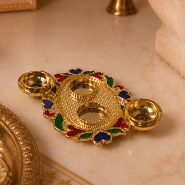 HaldiKumkumSet02-05 Decorative Kankavati Kumkum Holder, Golden Enamel Pooja Thali with Bowls (1 Pc)