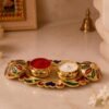 HaldiKumkumSet02-06 Decorative Kankavati Kumkum Holder, Golden Enamel Pooja Thali with Bowls (1 Pc)