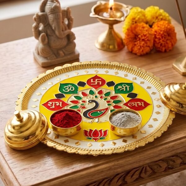 Big Decorative Pooja Thali, Golden Meenakari Puja Plate with Kumkum Bowls (1 Pc)