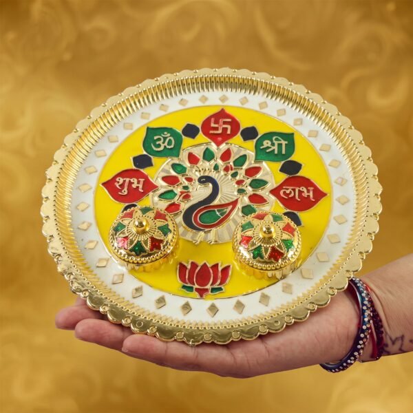 Big Decorative Pooja Thali, Golden Meenakari Puja Plate with Kumkum Bowls (1 Pc)