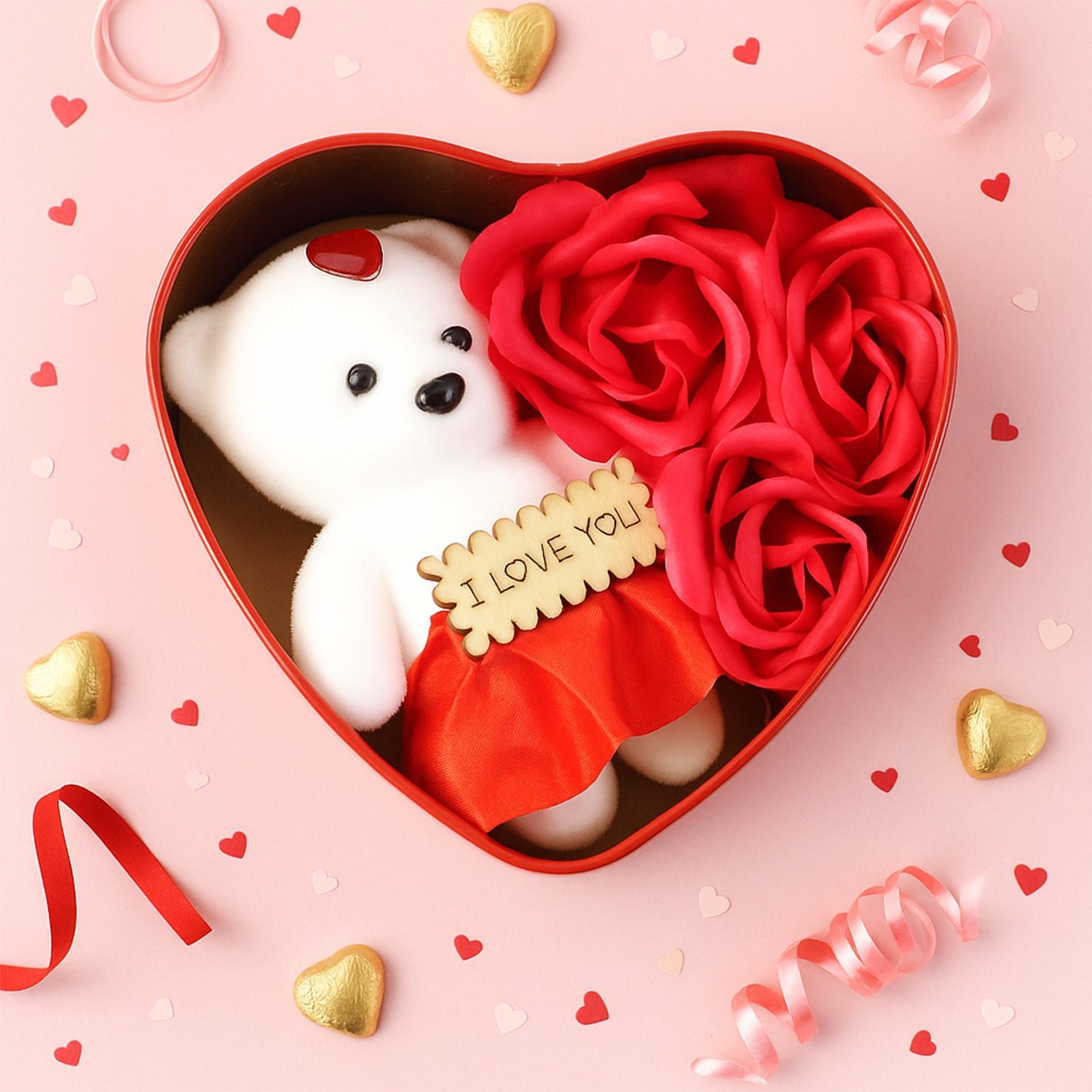 Heart Shape Valentine’s Gift Box with Teddy Bear & Rose | GiftEternal