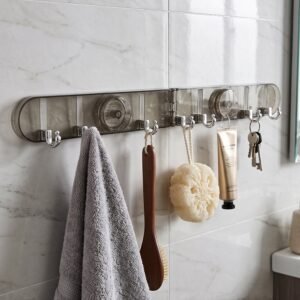 6 Hook Foldable Wall Rack with Suction Cup Mount for Bathroom Kitchen (1 Pc)