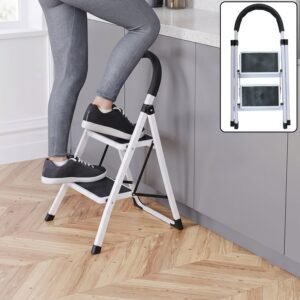2 Step Folding Ladder with Padded Handrail Anti Slip Steel Step Stool (1 Pc)