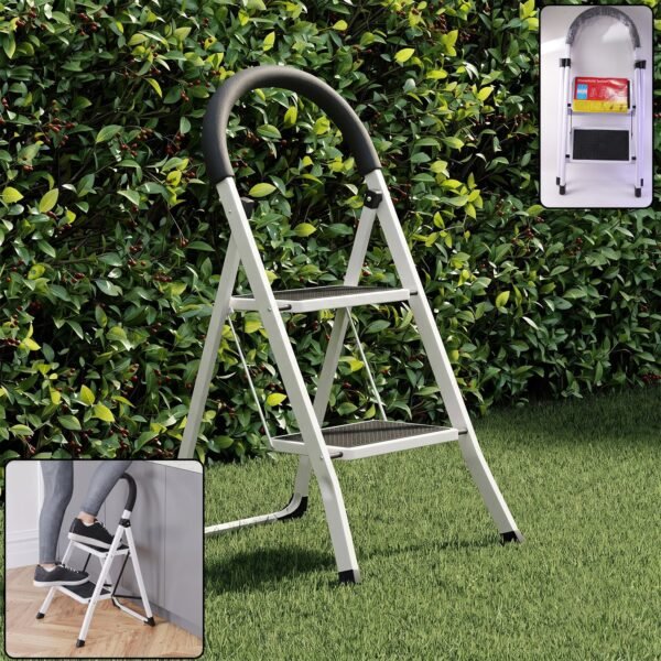 HouseHoldLadder01-01 2 Step Folding Ladder with Padded Handrail Anti Slip Steel Step Stool (1 Pc)