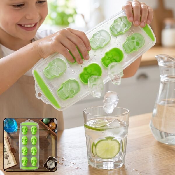 Plastic 8 Grid Ice Cube Tray with Lid Skull Shape Freezer Ice Mold (1 Pc)