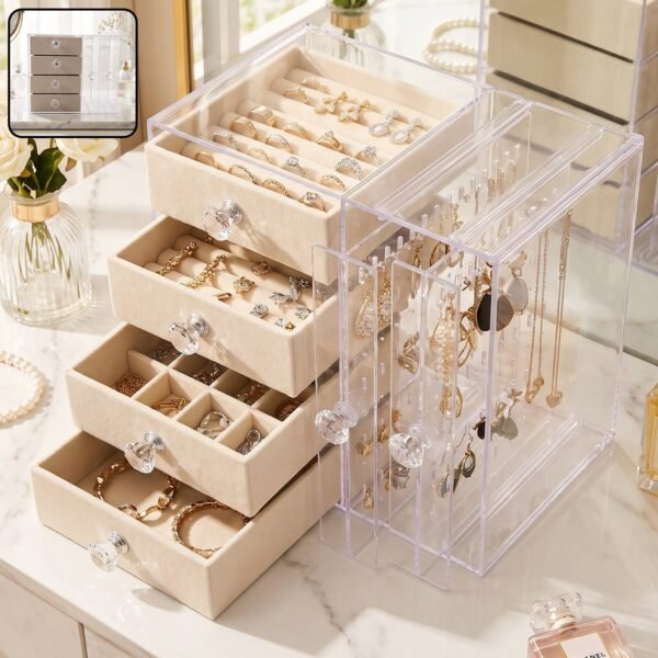 Acrylic Jewelry Organizer Box, Multi-Drawer Velvet Storage for Rings (1 Set)