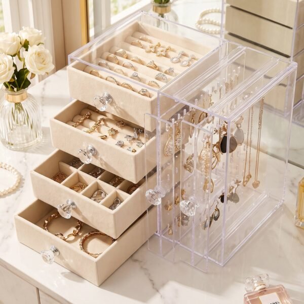 Acrylic Jewelry Organizer Box, Multi-Drawer Velvet Storage for Rings (1 Set)