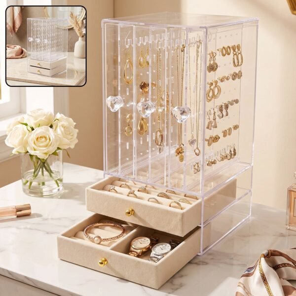 Jewelry-box_2_-1 Acrylic Jewelry Organizer Box, 3 Hanging Panels and 2 Drawers for Earrings (1 Set)