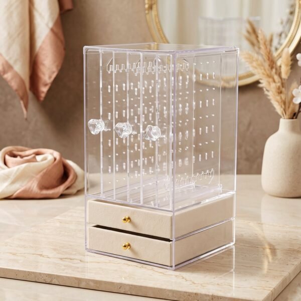 Jewelry-box_2_-3 Acrylic Jewelry Organizer Box, 3 Hanging Panels and 2 Drawers for Earrings (1 Set)
