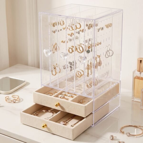 Jewelry-box_2_-4 Acrylic Jewelry Organizer Box, 3 Hanging Panels and 2 Drawers for Earrings (1 Set)