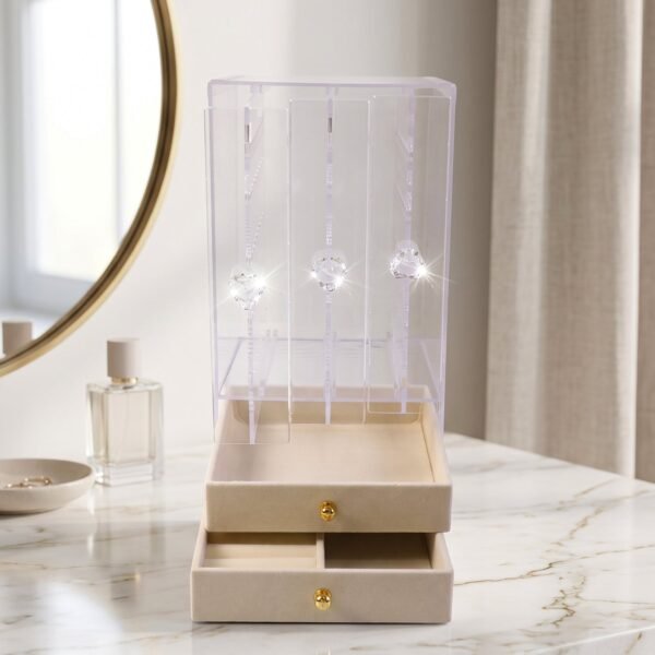 Jewelry-box_2_-5 Acrylic Jewelry Organizer Box, 3 Hanging Panels and 2 Drawers for Earrings (1 Set)
