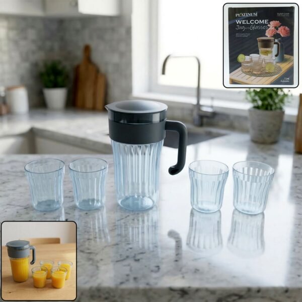 JugandGlasses-WOSKU-01 Plastic Water Jug with 4 Glasses Set – Perfect for Home Use