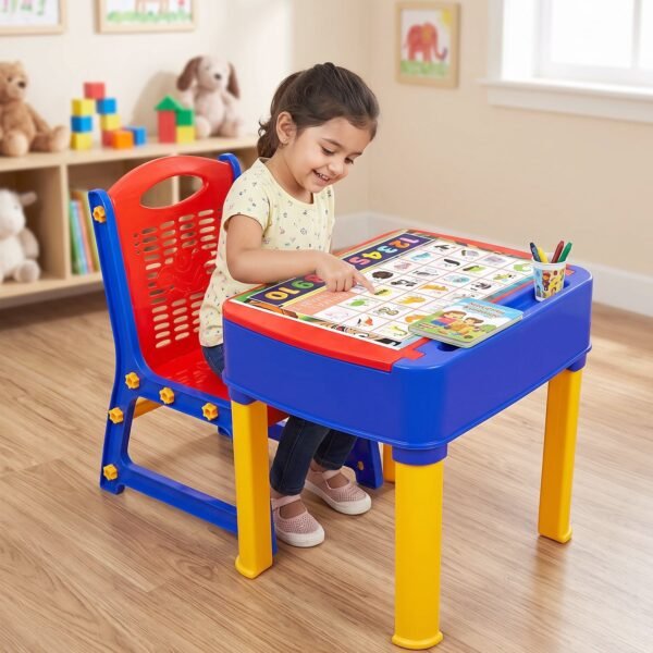 2 in 1 Plastic Kids Study Table and Chair Set with Learning Board (2 Pc Set)