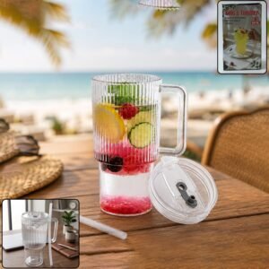 Kids Tumbler 900ml with Handle Lid and Straw Ribbed Water Sipper Cu...
