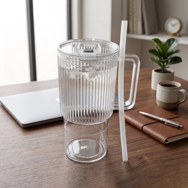 Kids Tumbler 900ml with Handle Lid and Straw Ribbed Water Sipper Cu...