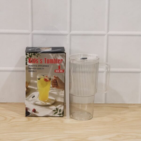 Kids Tumbler 900ml with Handle Lid and Straw Ribbed Water Sipper Cu...