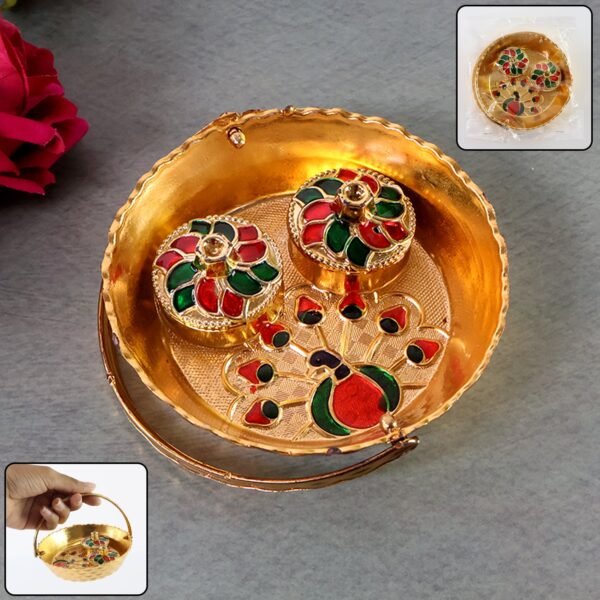 Kumkum-Thali-Holder-01 Peacock Meenakari Pooja Tray – Elegant Gold-Tone with Kumkum Bowls