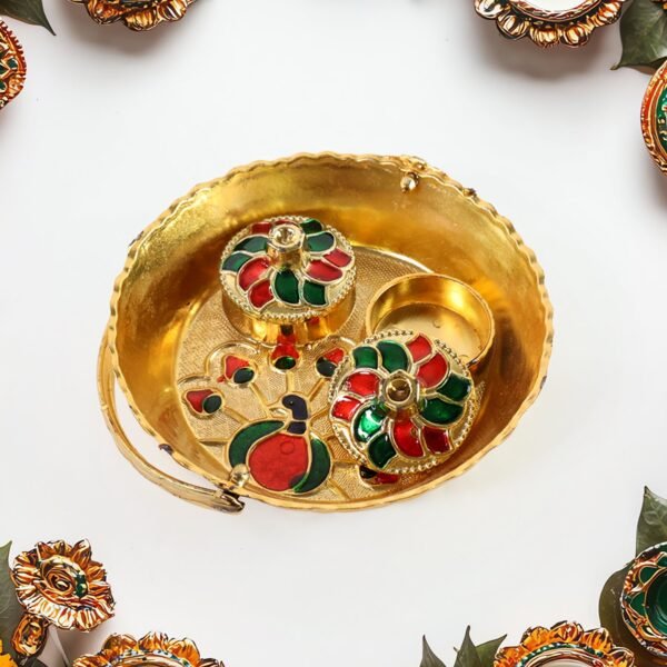 Kumkum-Thali-Holder-02 Peacock Meenakari Pooja Tray – Elegant Gold-Tone with Kumkum Bowls