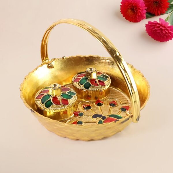 Kumkum-Thali-Holder-03 Peacock Meenakari Pooja Tray – Elegant Gold-Tone with Kumkum Bowls
