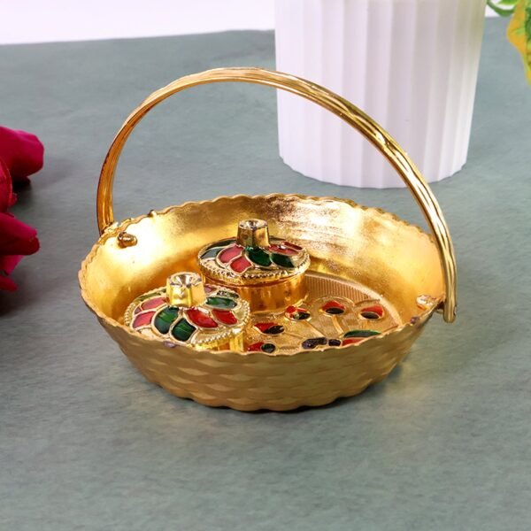 Kumkum-Thali-Holder-04 Peacock Meenakari Pooja Tray – Elegant Gold-Tone with Kumkum Bowls