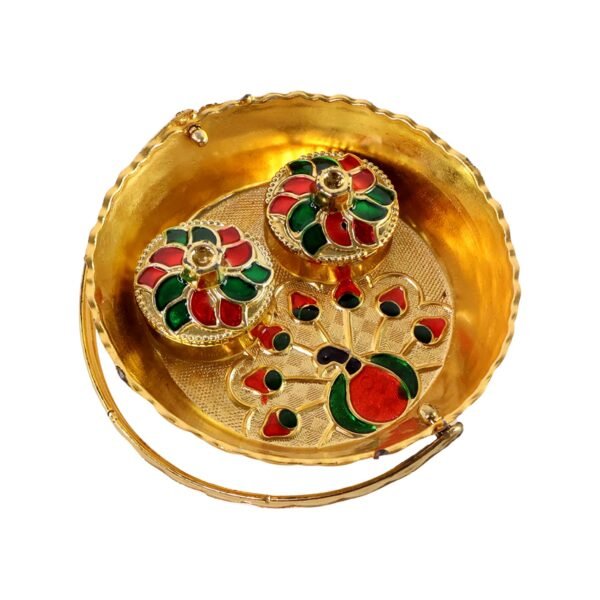Kumkum-Thali-Holder-05 Peacock Meenakari Pooja Tray – Elegant Gold-Tone with Kumkum Bowls