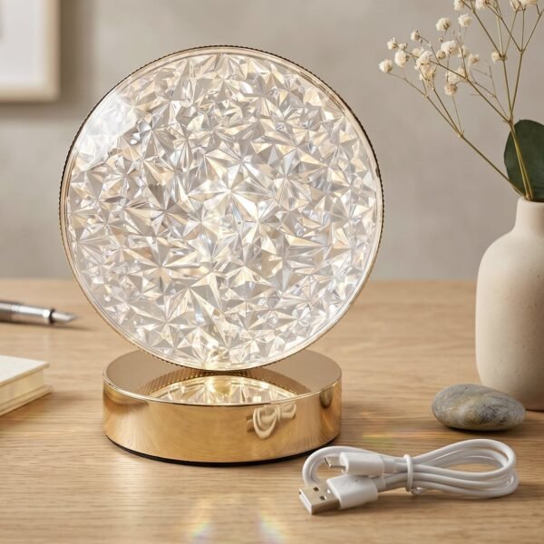 Round Crystal LED Table Lamp – Dimmable Touch & USB Rechargeable