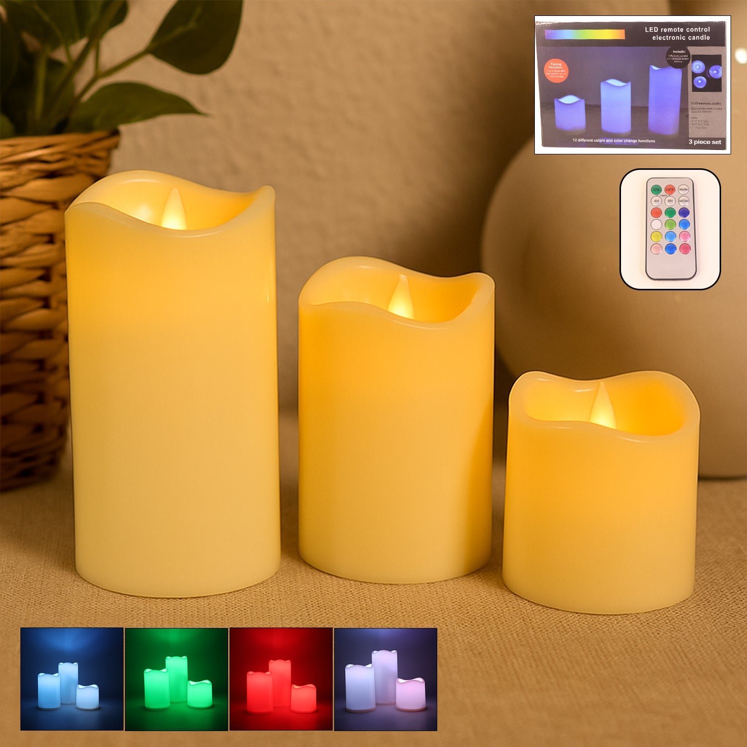 LED Flameless Candle Set – 3-Piece with Remote Control & Multicolor Light