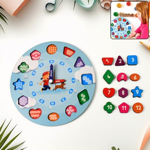 Wooden Educational Learning Clock Toy – Movable Hands & Shape Blocks