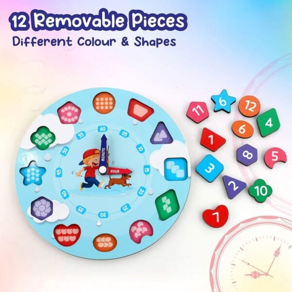 Wooden Educational Learning Clock Toy – Movable Hands & Shape Blocks