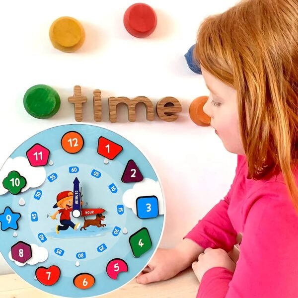 Wooden Educational Learning Clock Toy – Movable Hands & Shape Blocks