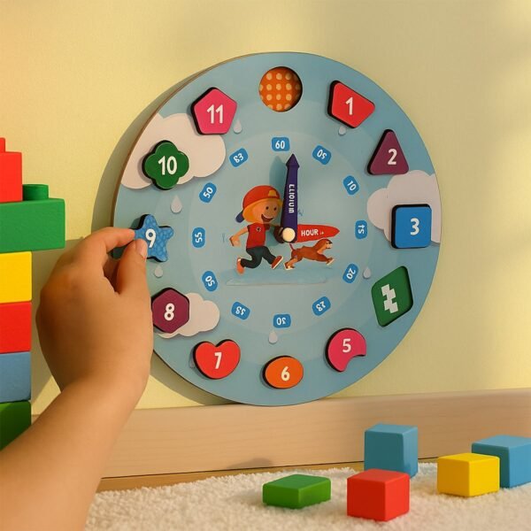 Wooden Educational Learning Clock Toy – Movable Hands & Shape Blocks