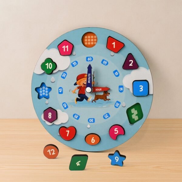 Wooden Educational Learning Clock Toy – Movable Hands & Shape Blocks