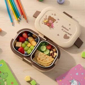 Kids Lunch Box – Cute Teddy Printed 500 ML with Stainless Steel Containers