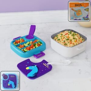 Kids Cartoon Lunch Box – Leak-Resistant Giraffe Print with Stainless Steel Tray