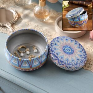 Metal Mandala Tin Box, Decorative Round Container for Candle and Trinkets (1 Pc)