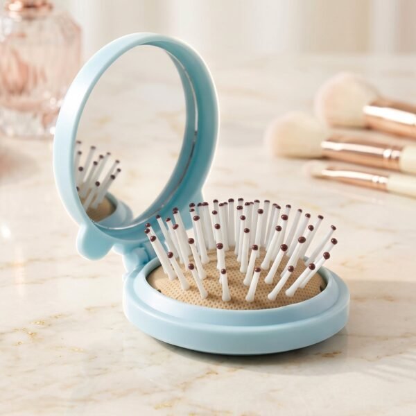 2 in 1 Folding Hair Brush with Mirror Compact Pop Up for Travel (1 Pc)