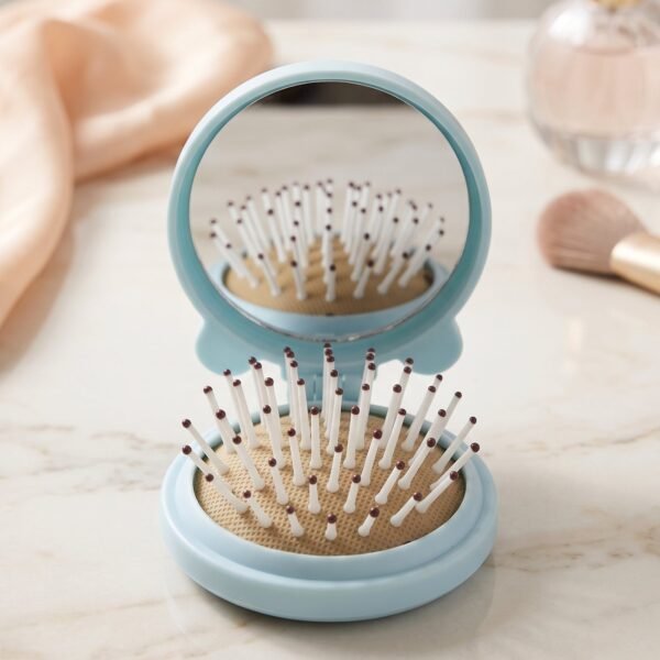 2 in 1 Folding Hair Brush with Mirror Compact Pop Up for Travel (1 Pc)