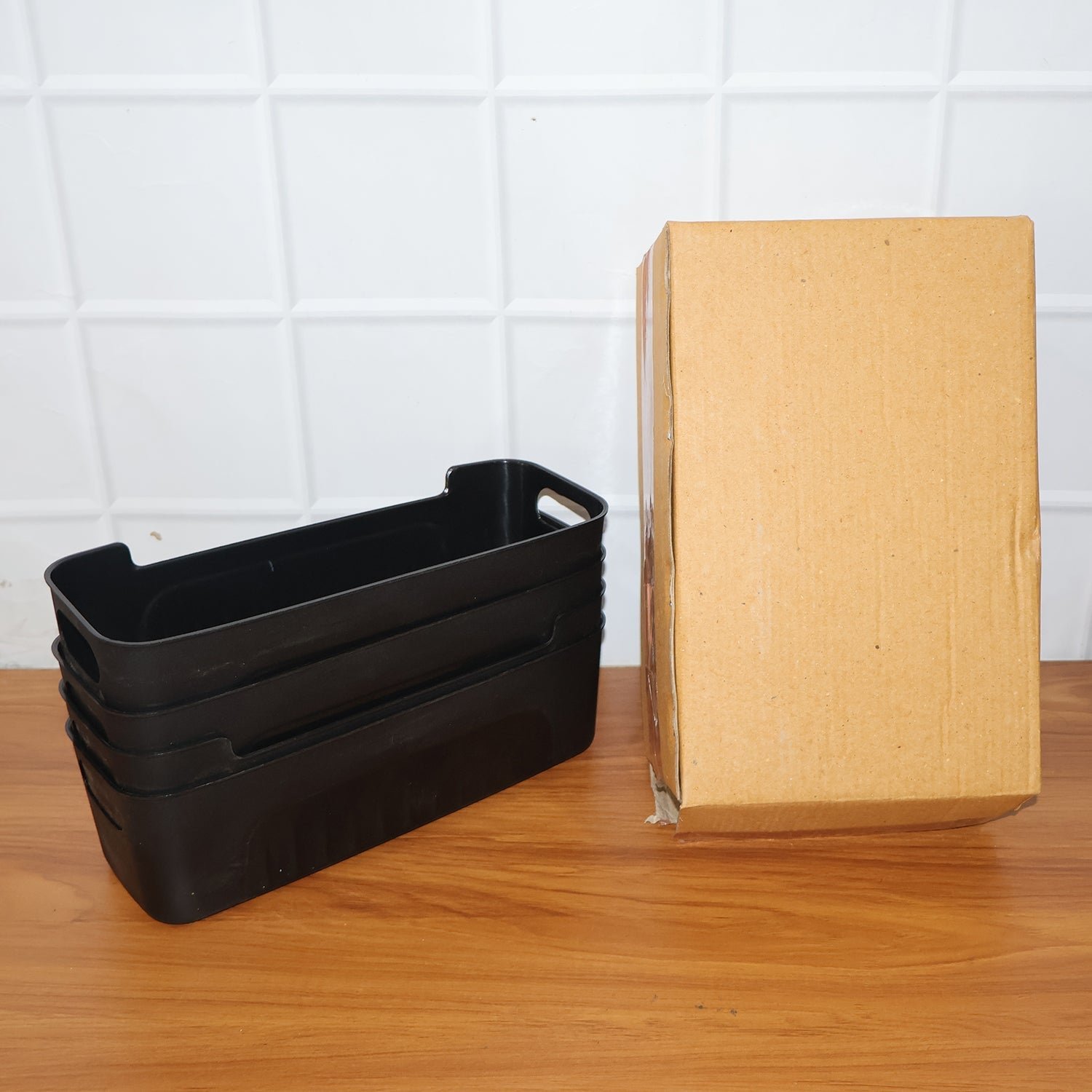 Multi-useBox-live_3afff742-6860-433a-ae27-5ac4ff38950a Black Plastic Storage Basket Tray – 4-Piece Stackable Organizer