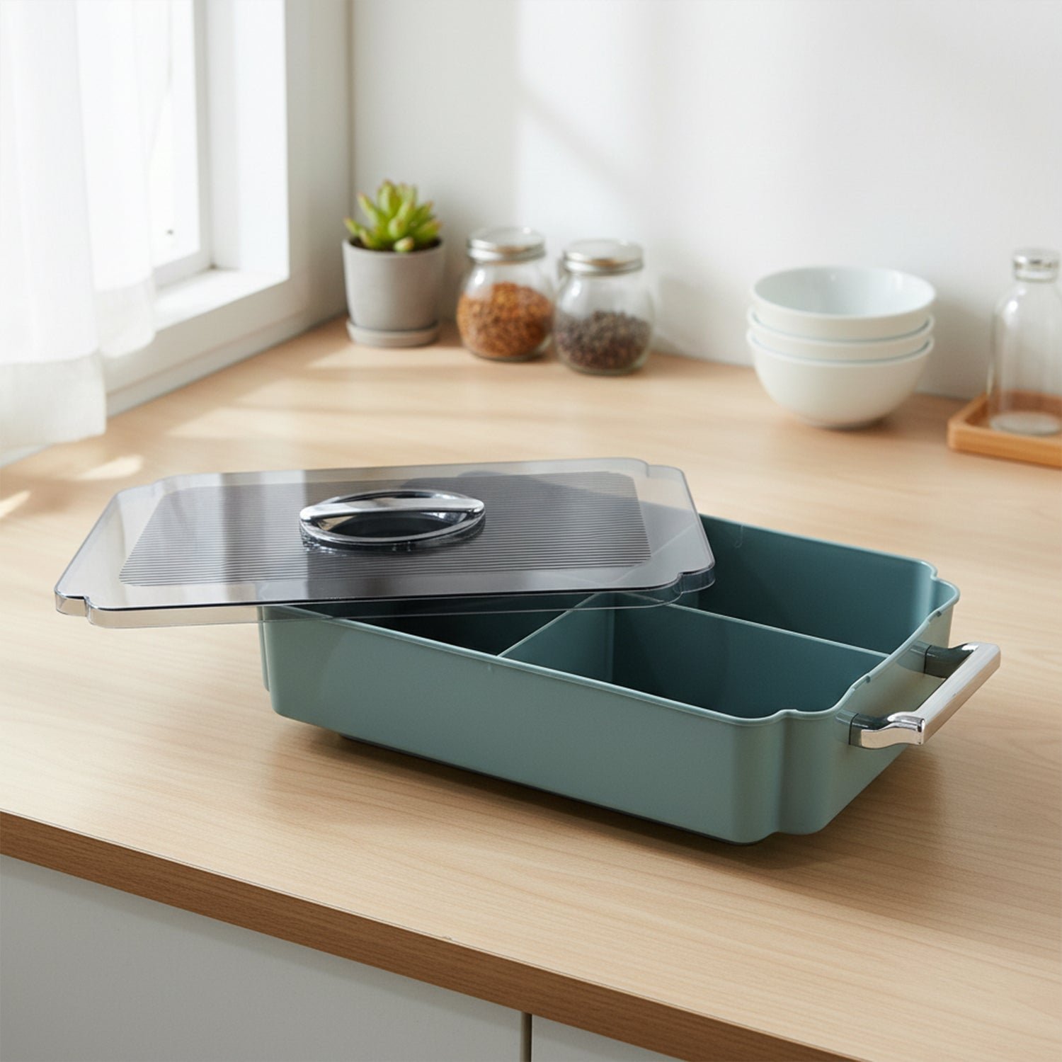 4 Compartment Plastic Food Storage Container – Multipurpose Kitchen Organizer