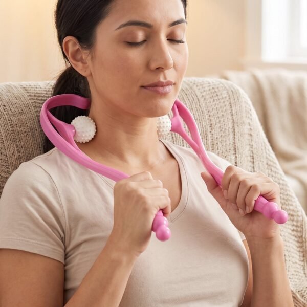 Neck-Cervical-Massager_2_-2.jpg Manual Pink Neck Shoulder Massager with Spiky Ball for Pain Relief (1 Pc)