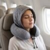 U Shaped Hooded Neck Pillow Grey Travel Pillow with Drawstring Hood (1 Pc)