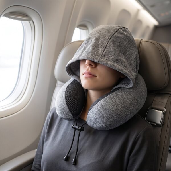 U Shaped Hooded Neck Pillow Grey Travel Pillow with Drawstring Hood (1 Pc)