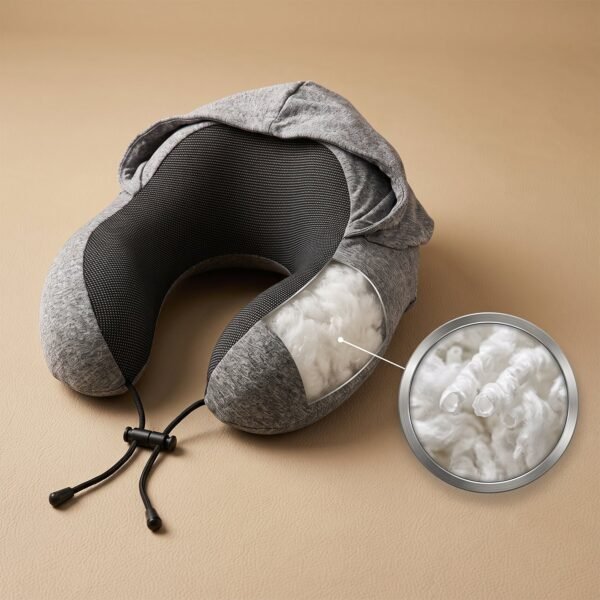 U Shaped Hooded Neck Pillow Grey Travel Pillow with Drawstring Hood (1 Pc)