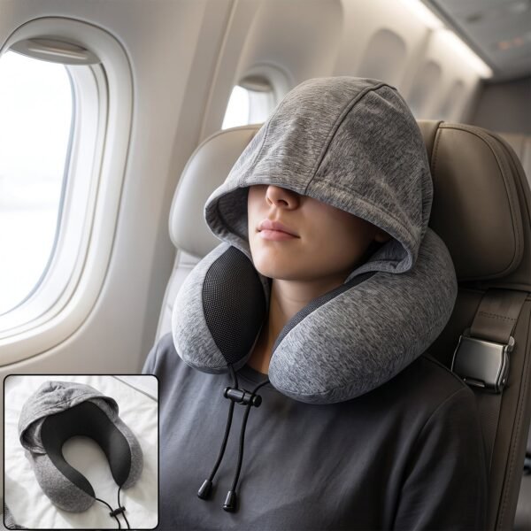 U Shaped Hooded Neck Pillow Grey Travel Pillow with Drawstring Hood (1 Pc)