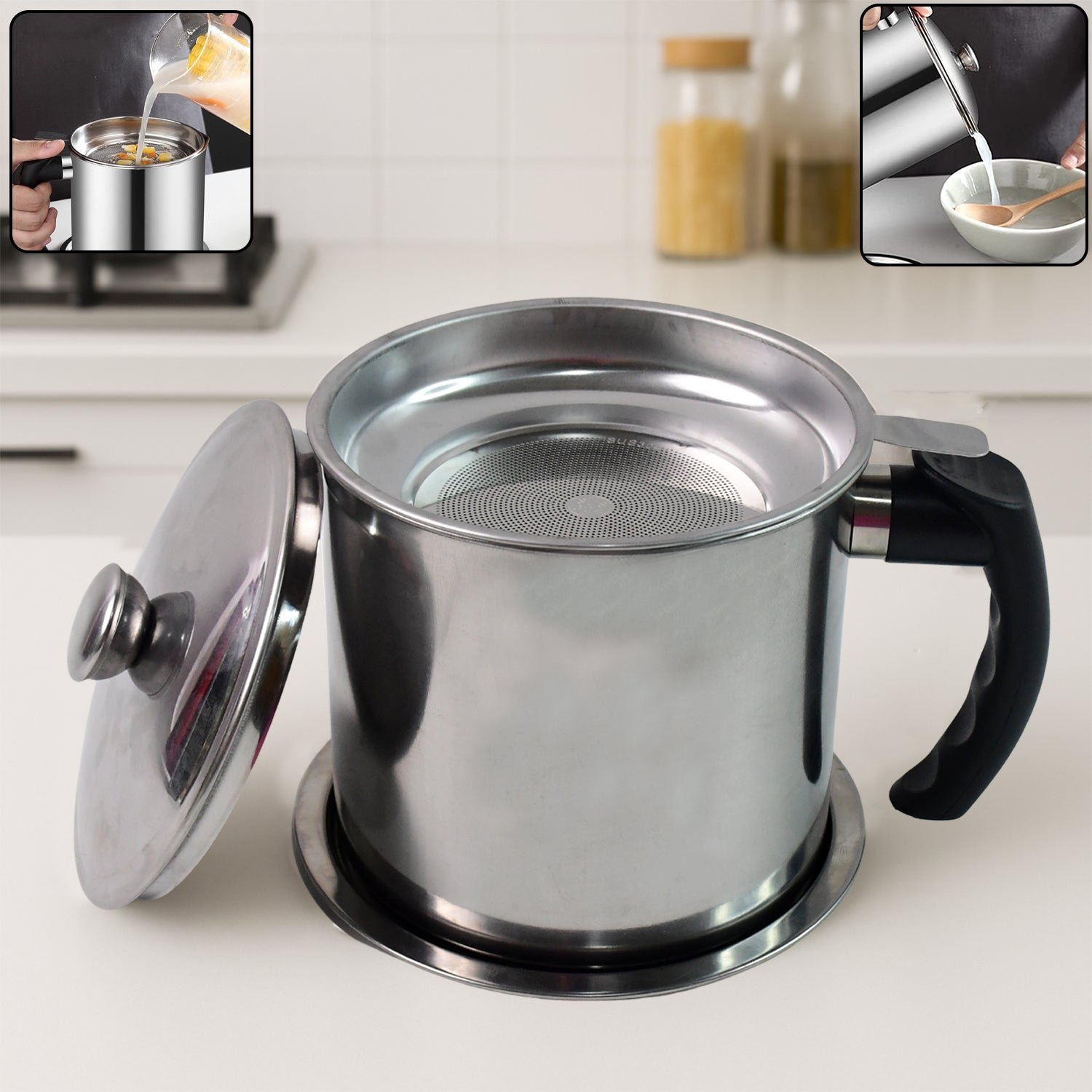 Oil Strainer Pot – Stainless Steel with Lid & Fine Mesh Filter