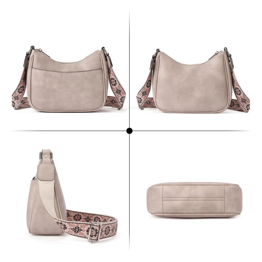 Women's PU Leather Zipper Sling Bag (Beige) - Image 2